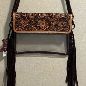 Brown Tooled Leather Crossbody Bag with Fringe
